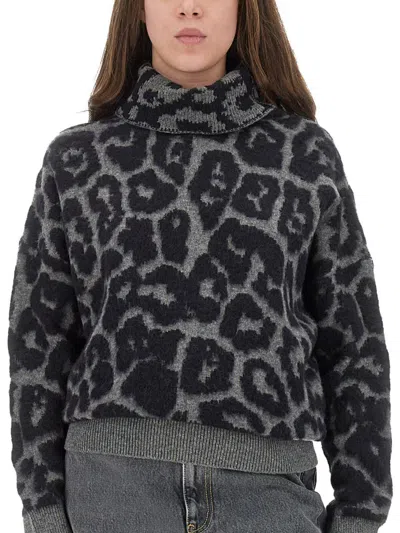 Stella Mccartney Leopard Jacquard Oversized Wool Turtleneck In Black