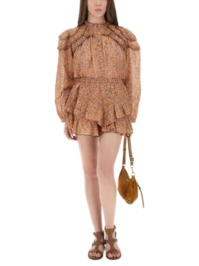 Isabel Marant Étoile Layered Floral Print Skirt With Ruched Waistband In Brown