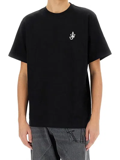 Jw Anderson Black Crewneck T-shirt With Anchor Embroidery On The Front In Cotton Man In Black