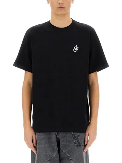 Jw Anderson Black Crewneck T-shirt With Anchor Embroidery On The Front In Cotton Man In Black
