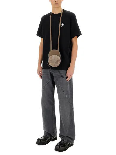 Jw Anderson Black Crewneck T-shirt With Anchor Embroidery On The Front In Cotton Man In Black