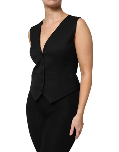 Dolce & Gabbana Black Brocade Button Down Sleeveless Vest Top In Black