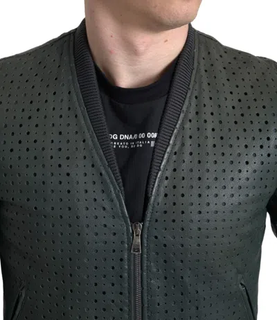 Dolce & Gabbana Green Perforated Leather Bomber Jacket In Green