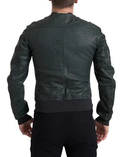 Dolce & Gabbana Green Perforated Leather Bomber Jacket In Green