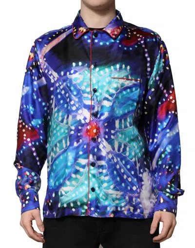 Dolce & Gabbana Multicolor Printed Silk Lounge Casual Shirt In Blue