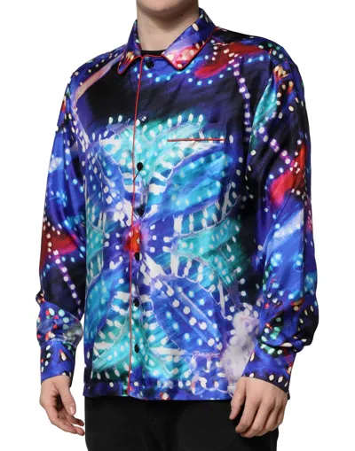Dolce & Gabbana Multicolor Printed Silk Lounge Casual Shirt In Blue