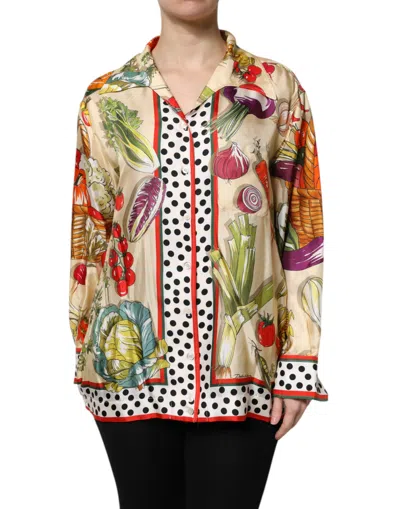 Dolce & Gabbana Multicolor Vegetables Silk Long Sleeves Top In Multi