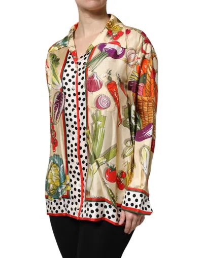 Dolce & Gabbana Multicolor Vegetables Silk Long Sleeves Top In Multi
