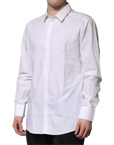 Pre-owned Dolce & Gabbana White Cotton Gold Long Sleeves Dress Men Men's Shirt ()