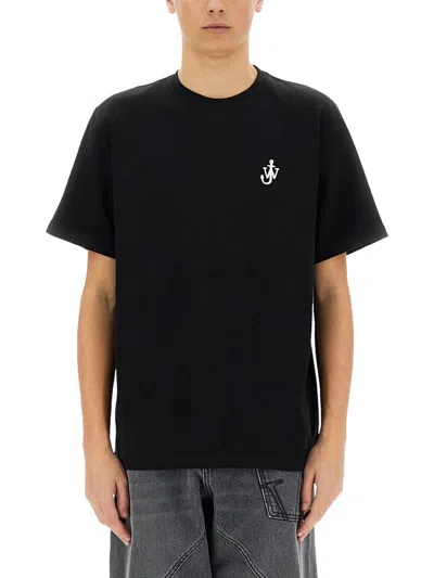 Jw Anderson Black Crewneck T-shirt With Anchor Embroidery On The Front In Cotton Man In Black
