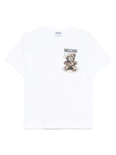 Moschino Cotton Sweater Ribbed Cuffs Hem Teddy Bear Motif In White