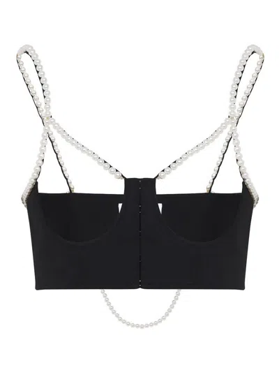 Moschino Stretch Poplin Crop Top With Pearls In Black