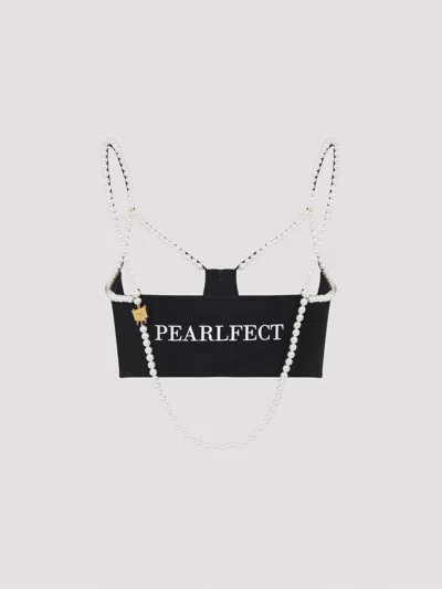 Moschino Stretch Poplin Crop Top With Pearls In Black