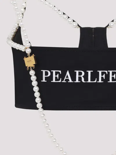 Moschino Stretch Poplin Crop Top With Pearls In Black