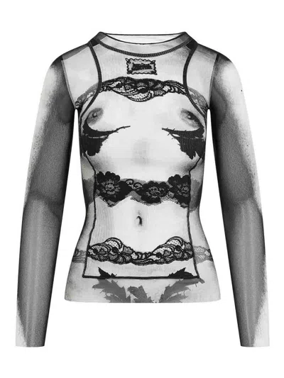 Jean Paul Gaultier Fitted Top With Graphic Lace Design In Gray