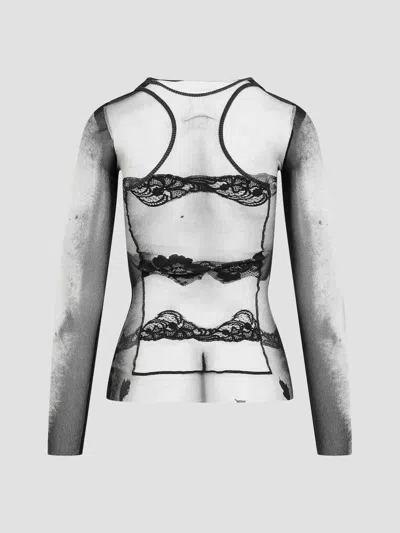 Jean Paul Gaultier Fitted Top With Graphic Lace Design In Gray