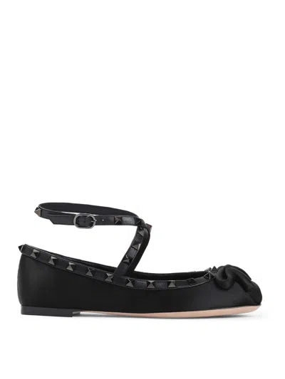 Valentino Garavani Rockstud-strap Satin Ballerinas In Black