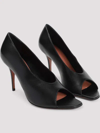 Amina Muaddi Black Calf Leather Bos Taurus Stiletto Heel Sandals