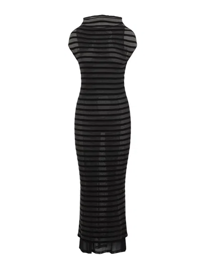 Jean Paul Gaultier Nylon Long Dress With Viscose Mariniere Stripes In Black