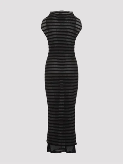 Jean Paul Gaultier Nylon Long Dress With Viscose Mariniere Stripes In Black