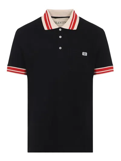 Valentino Cotton Piqué Polo Shirt With Vlogo Patch In Black