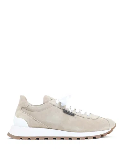 Brunello Cucinelli Suede Sneakers With Iconic Jewel Application In Neutral