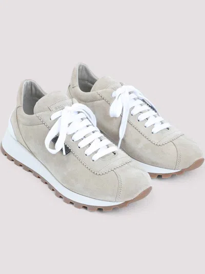 Brunello Cucinelli Suede Sneakers With Iconic Jewel Application In Neutral