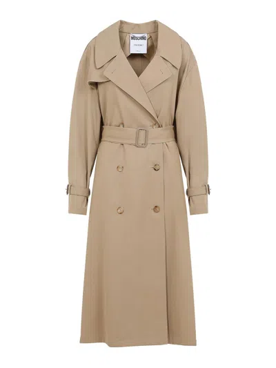 Moschino Double-breasted Trench Coat With In Neutral