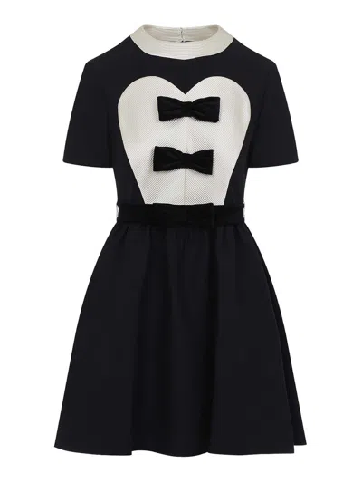 Valentino Bow-detailed Velvet And Ribbed Satin-trimmed Wool And Silk-blend Mini Dress In Black