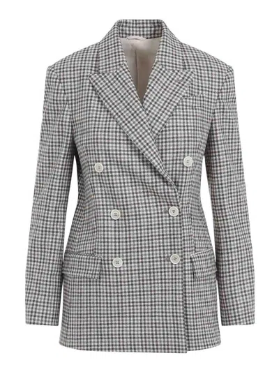 Brunello Cucinelli Beige Double-breasted Jacket With Peak Revers And All-over Check Motif In Wool Woman In Gray