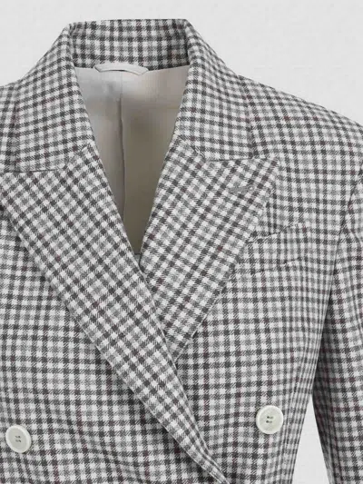 Brunello Cucinelli Beige Double-breasted Jacket With Peak Revers And All-over Check Motif In Wool Woman In Gray