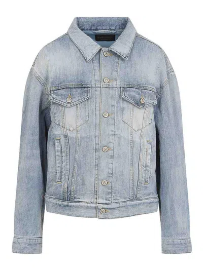 Balenciaga Standing Collar Denim Jacket In Blue