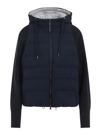 Brunello Cucinelli Quilted Puffer Jacket With Ribbed Sleeves In Blue