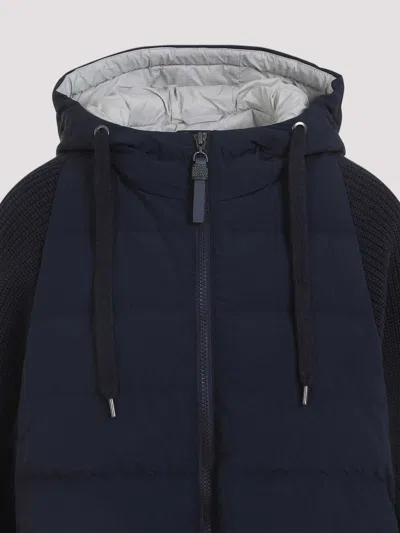 Brunello Cucinelli Quilted Puffer Jacket With Ribbed Sleeves In Blue