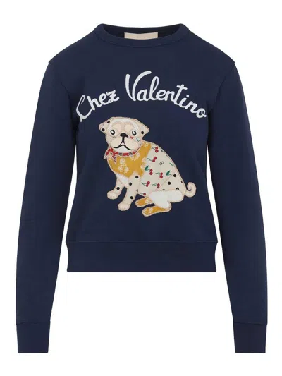 Valentino Dog Design Cotton Sweatshirt In Blue