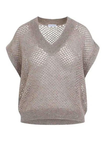 Brunello Cucinelli Openwork Knit Design Vest With Sequins In Neutral