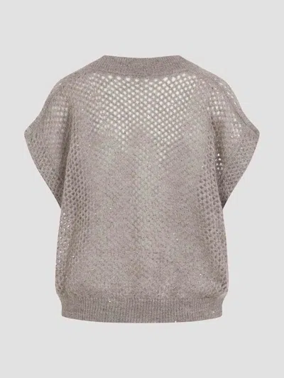 Brunello Cucinelli Openwork Knit Design Vest With Sequins In Neutral