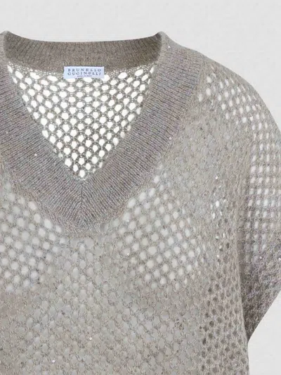 Brunello Cucinelli Openwork Knit Design Vest With Sequins In Neutral
