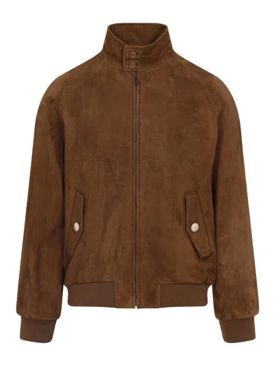 Valentino Ribbed Lambskin Suede Leather Jacket With Stand-up Collar In Brown
