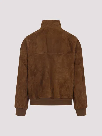 Valentino Ribbed Lambskin Suede Leather Jacket With Stand-up Collar In Brown