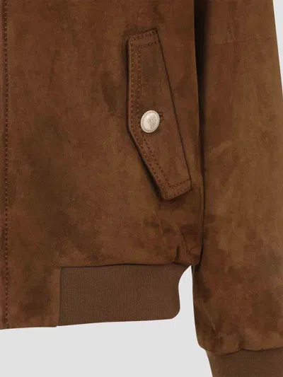 Valentino Ribbed Lambskin Suede Leather Jacket With Stand-up Collar In Brown