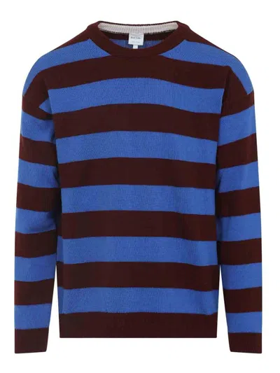 Paul Smith Lambswool Blue And Maroon Stripe Crew Neck Sweater Red