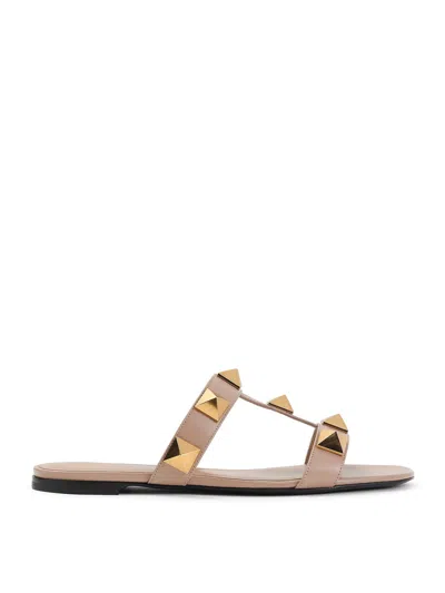 Valentino Garavani Women Pink Leather Roman Stud Slide Sandals In Multi