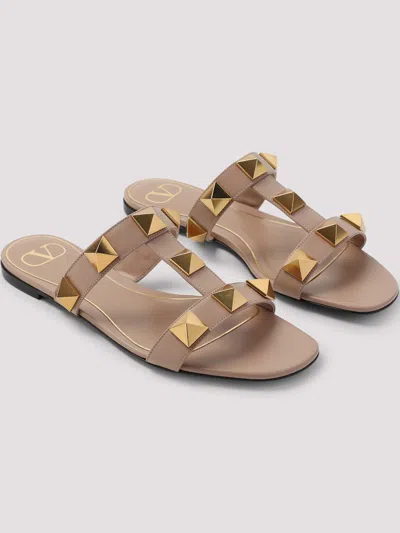 Valentino Garavani Women Pink Leather Roman Stud Slide Sandals In Multi