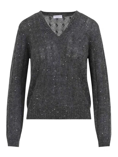 Brunello Cucinelli V-neck Cable Knit Sequin Sweater In Gray