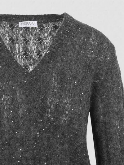 Brunello Cucinelli V-neck Cable Knit Sequin Sweater In Gray