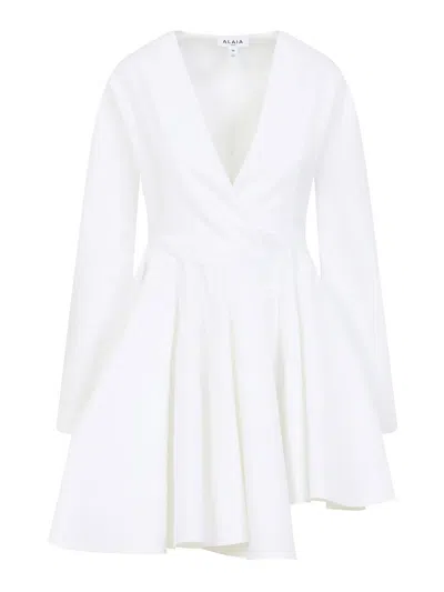 Alaïa Asym Belt Dress In Poplin In White