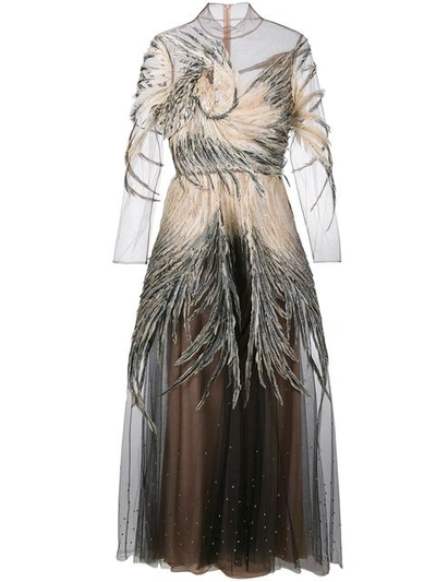 Valentino Feather-embellished Long-sleeve Tulle Gown, Black/cream