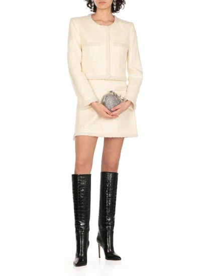 Self-portrait Cream Boucle Pearl Trim Mini Skirt In White