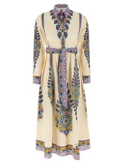 Etro Cotton Poplin Maxi Dress With Paisley Medallion And Contrasting Belt In Blue